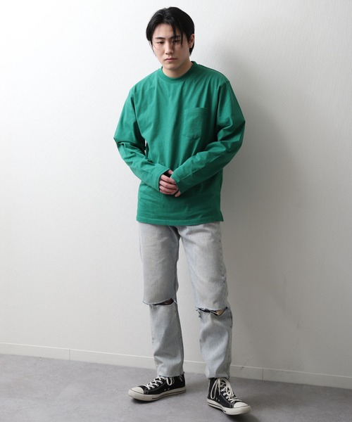 ZIP FIVE(ジップファイブ)の「【NanoTec】ビッグシルエットヘビーウェイトポケット付き長袖ロングTシャツ /防臭/消臭/抗菌(Tシャツ/カットソー・メンズ・チャコール/パープル系/オフホワイト/ブルーグレー/レッド系/ベージュ/グリーン・MEDIUM/LARGE/X-LARGE)」の9枚目の写真