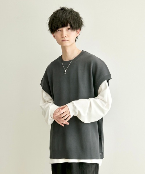 JUNRED(ジュンレッド)の「こめ×JUNRed 2Bライトルーズニットスリットベスト(ベスト・メンズ・チャコールグレー/ダークグリーン/ベージュ系その他・M/L)」の4枚目の写真
