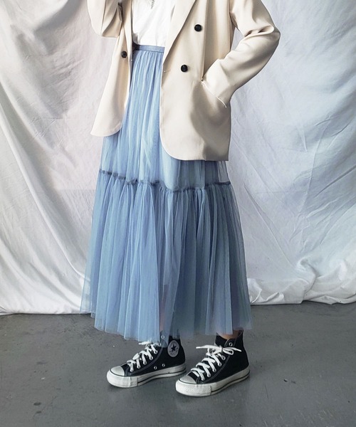 me+em select（ミームセレクト）の「【 7色展開 】パステルギャザーチュールボリュームスカート（スカート・レディース・ホワイト/ブラック/ベージュ/グレー/ブルー/グリーン/カーキ・FREE）」の7枚目の写真