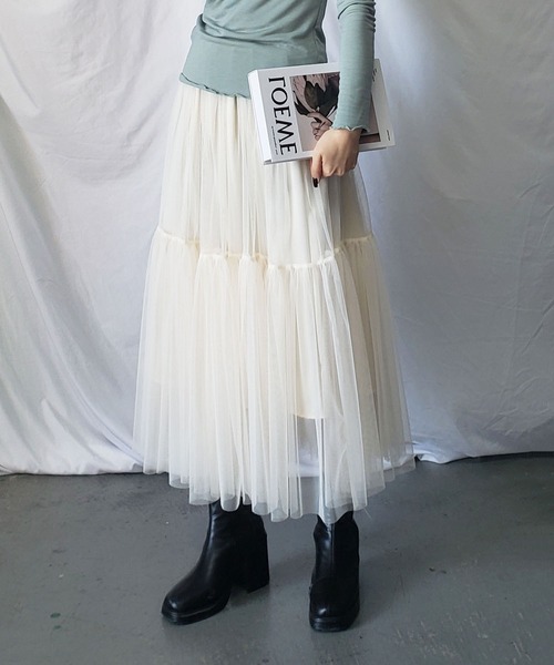 me+em select（ミームセレクト）の「【 7色展開 】パステルギャザーチュールボリュームスカート（スカート・レディース・ホワイト/ブラック/ベージュ/グレー/ブルー/グリーン/カーキ・FREE）」の20枚目の写真