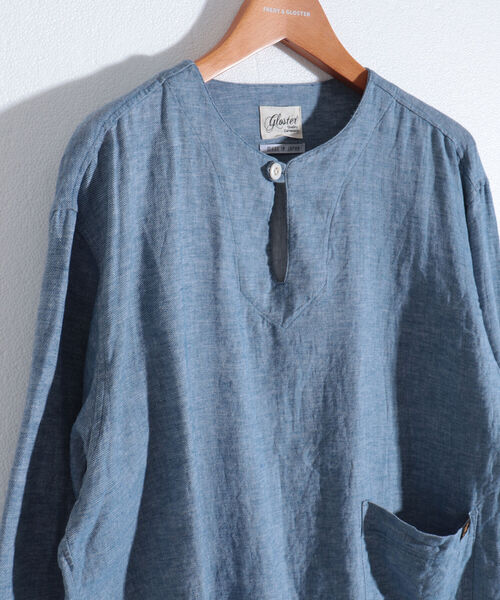 GLOSTER(グロスター)の「【GLOSTER/グロスター】綿麻シャンブレー スキッパーシャツ(シャツ/ブラウス・メンズ・ブラック/サックスブルー/キナリ・MEDIUM/LARGE)」の3枚目の写真
