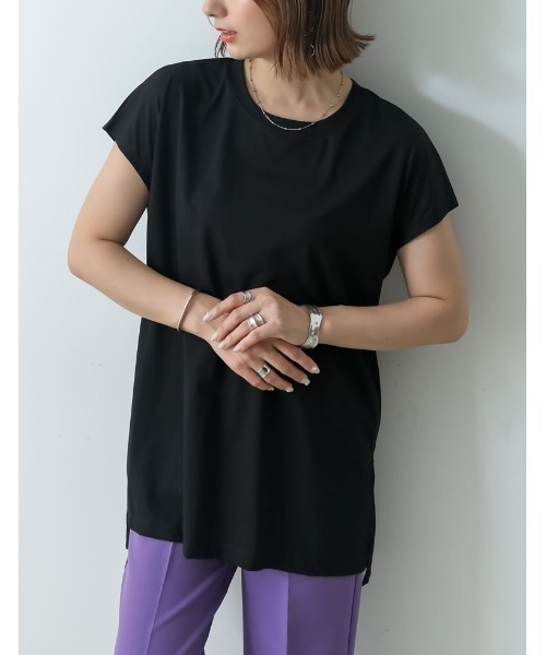 Re:EDIT(リエディ)の「シルケットコットンフレンチスリーブチュニックTシャツ(Tシャツ/カットソー・レディース・ホワイト/ブラック/ピンク/オレンジ/グリーン/グレイッシュベージュ・MEDIUM/LARGE)」の3枚目の写真