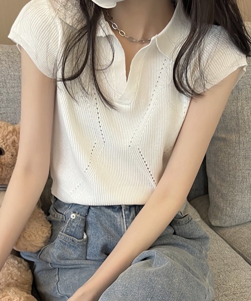 Vipoa(ヴィポア)の「スキッパー襟付きニット(Tシャツ/カットソー・レディース・ホワイト/ブラック/ピンク/グリーン・FREE)」の8枚目の写真