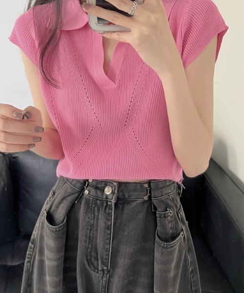 Vipoa(ヴィポア)の「スキッパー襟付きニット(Tシャツ/カットソー・レディース・ホワイト/ブラック/ピンク/グリーン・FREE)」の12枚目の写真