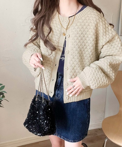 blate ぽこぽこカーディガン　ブラック　BLATE セール】【mily bilet】2wayぽこぽこ軽量クロップド丈ニット