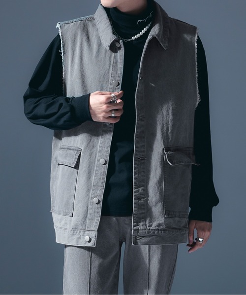 Ellno Loset（エルノロゼット）の「ダメージデニムベスト/セットアップ対応（ベスト・メンズ・ライトグレー/ブラック・MEDIUM/LARGE）」の20枚目の写真