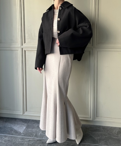 JUNOAH(ジュノア)の「コクーンスリーブショートコート(ステンカラーコート・レディース・アイボリー/ブラック/モカ・MEDIUM/LARGE/X-LARGE)」の14枚目の写真