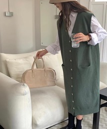 フロントボタンVネックニットロングベスト