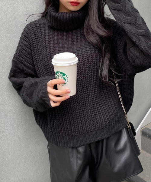 OLUPIC（オルピック）の「OLUPIC/【WEB限定】ケーブル袖ローゲージニット（ニット/セーター・レディース・ブラック/ベージュ/グレー・FREE）」の2枚目の写真