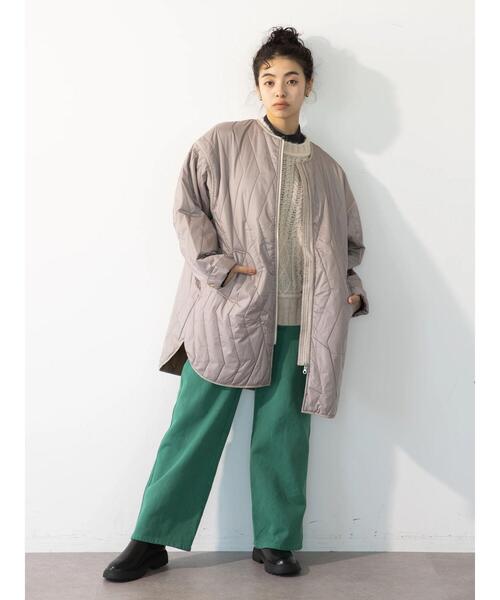 koe（コエ）の「リップストップ縦キルトコート（ノーカラーコート・レディース・グレイッシュベージュ/ライトカーキ・FREE）」の8枚目の写真