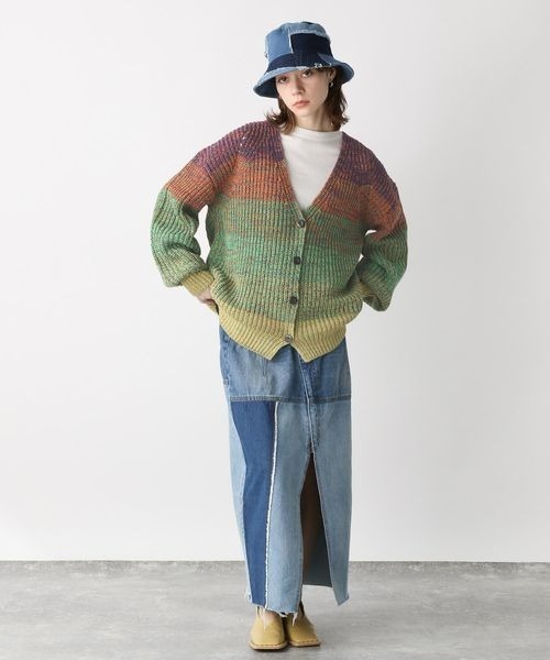 JEANASIS（ジーナシス）の「3GマルチカラーボーダーVカーディガン/186140（カーディガン/ボレロ・レディース・グリーン系その他/オレンジ系その他/マルチ・FREE）」の4枚目の写真