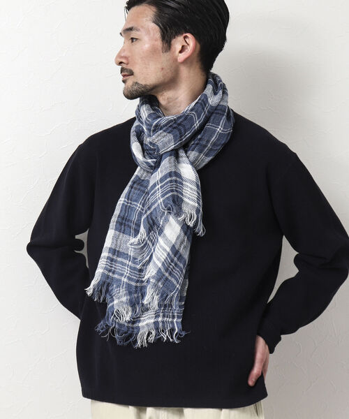 NOLLEY'S goodman（ノーリーズグッドマン）の「【PAOLO MARIANI/パオロ・マリアーニ】別注リネンチェックストール（ストール/ショール・メンズ・ベージュ系その他/ブルー系その他・FREE）」の4枚目の写真