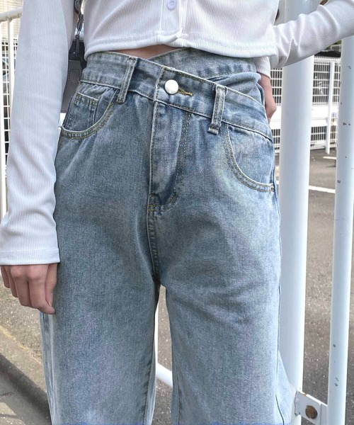 セール】クロスハイウエストデザインデニムパンツ（デニムパンツ