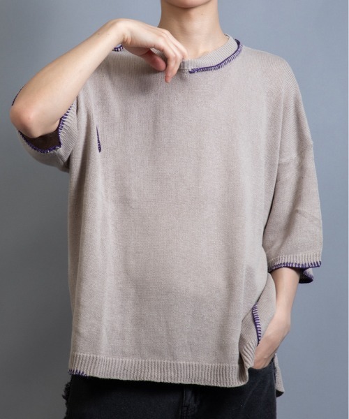 En serio TOKYO（エンソリオトーキョー）の「麻綿ニット ハンドステッチ 5分袖 サマーニット TEE（ニット/セーター・メンズ・ブラック/グレイッシュベージュ/ライトグレー・XL/L/M）」の3枚目の写真