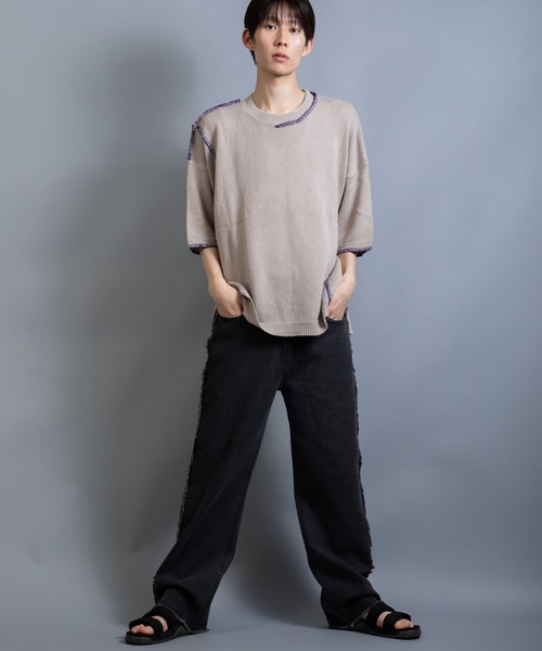 En serio TOKYO（エンソリオトーキョー）の「麻綿ニット ハンドステッチ 5分袖 サマーニット TEE（ニット/セーター・メンズ・ブラック/グレイッシュベージュ/ライトグレー・XL/L/M）」の15枚目の写真