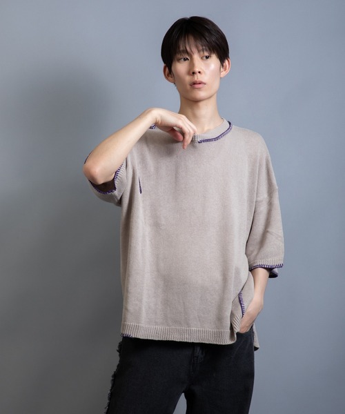 En serio TOKYO（エンソリオトーキョー）の「麻綿ニット ハンドステッチ 5分袖 サマーニット TEE（ニット/セーター・メンズ・ブラック/グレイッシュベージュ/ライトグレー・XL/L/M）」の8枚目の写真