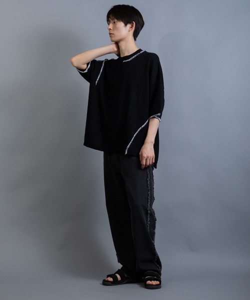 En serio TOKYO（エンソリオトーキョー）の「麻綿ニット ハンドステッチ 5分袖 サマーニット TEE（ニット/セーター・メンズ・ブラック/グレイッシュベージュ/ライトグレー・XL/L/M）」の9枚目の写真