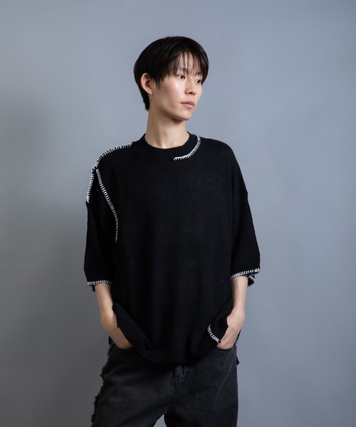 En serio TOKYO（エンソリオトーキョー）の「麻綿ニット ハンドステッチ 5分袖 サマーニット TEE（ニット/セーター・メンズ・ブラック/グレイッシュベージュ/ライトグレー・XL/L/M）」の4枚目の写真