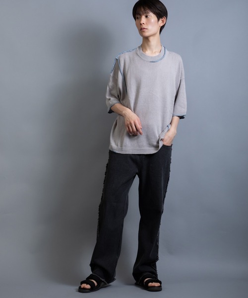 En serio TOKYO（エンソリオトーキョー）の「麻綿ニット ハンドステッチ 5分袖 サマーニット TEE（ニット/セーター・メンズ・ブラック/グレイッシュベージュ/ライトグレー・XL/L/M）」の7枚目の写真