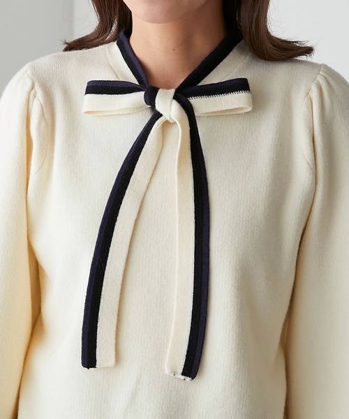 BONLECILL（ボンルシール）の「トリコロール袖ボリュームボウタイニットプルオーバー（ニット/セーター・レディース・キャメル/ネイビー/レッド/アイボリー・FREE）」の7枚目の写真