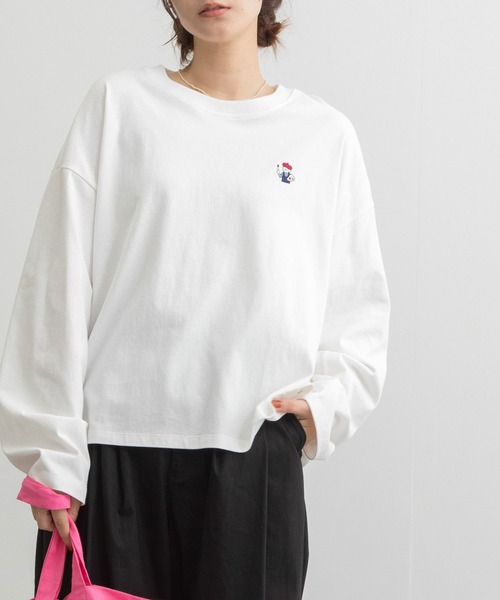 POU DOU DOU(プードゥドゥ)の「USAコットンワンポイント刺繍ワイドロンTee(Tシャツ/カットソー・レディース・ブラック/ライトブルー/スミクロ/オレンジ/オフホワイト・3)」の2枚目の写真