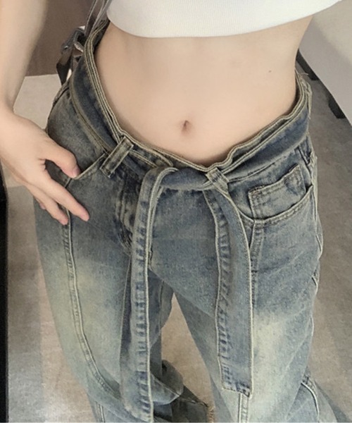 Chick（チック）の「▲Vintage Washed Ribbon Denim / ウォッシュ加工リボンデニムパンツ（デニムパンツ・レディース・ブルー・L/M/S）」の2枚目の写真