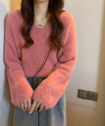 Vネックルーズシルエットシャギーニットプルオーバー