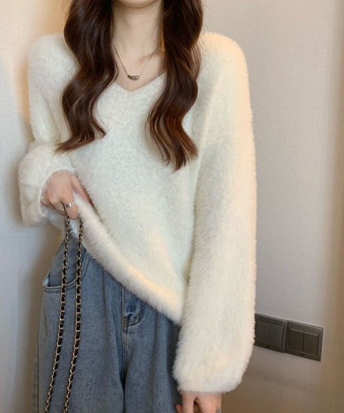 Chaco closet(チャコ クローゼット)の「Vネックルーズシルエットシャギーニットプルオーバー(ニット/セーター・レディース・ベージュ/ピンク/スモークピンク/ホワイト/カーキ・FREE)」の10枚目の写真