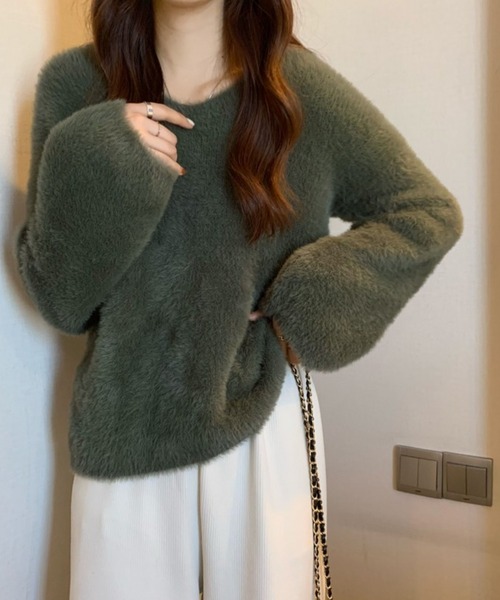 セール】Vネックルーズシルエットシャギーニットプルオーバー（ニット