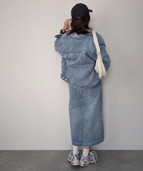 LBC（エルビーシー）の「【選べるセットアップ】LBC デニムノーカラージャケット（デニムジャケット・レディース・ライトブルー/マスタード/ライトグレー・M/L/LL）」の15枚目の写真