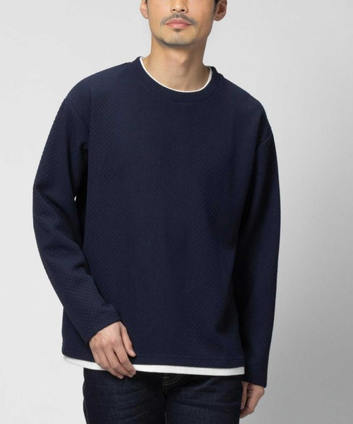 PLUS ONE(プラスワン)の「【PLUS ONE】長袖フェイクレイヤードランダムジャガードクルーネック(Tシャツ/カットソー・メンズ・ネイビー/ライトグレー/オフホワイト・S/M/L/XL)」の1枚目の写真