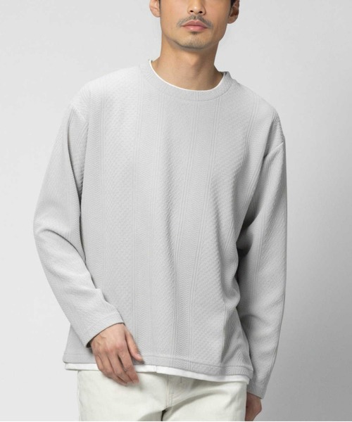 PLUS ONE(プラスワン)の「【PLUS ONE】長袖フェイクレイヤードランダムジャガードクルーネック(Tシャツ/カットソー・メンズ・ネイビー/ライトグレー/オフホワイト・S/M/L/XL)」の3枚目の写真