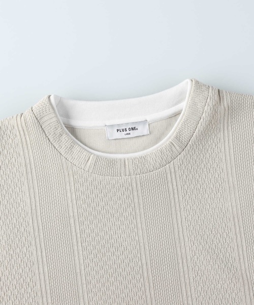 PLUS ONE(プラスワン)の「【PLUS ONE】長袖フェイクレイヤードランダムジャガードクルーネック(Tシャツ/カットソー・メンズ・ネイビー/ライトグレー/オフホワイト・S/M/L/XL)」の4枚目の写真