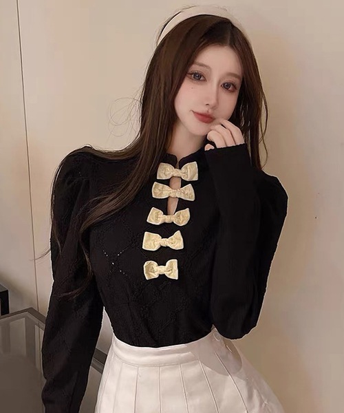 shopnikoniko（ショップニコニコ）の「レース刺繍 パフスリーブ リボン付き ブラウス（シャツ/ブラウス・レディース・ブラック/ホワイト・フリー）」の4枚目の写真