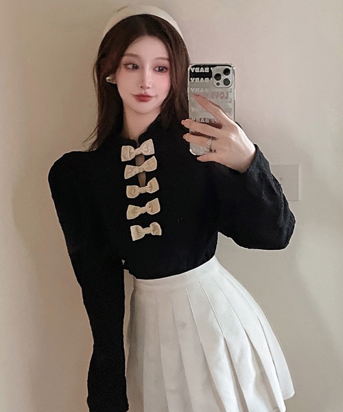 shopnikoniko（ショップニコニコ）の「レース刺繍 パフスリーブ リボン付き ブラウス（シャツ/ブラウス・レディース・ブラック/ホワイト・フリー）」の6枚目の写真