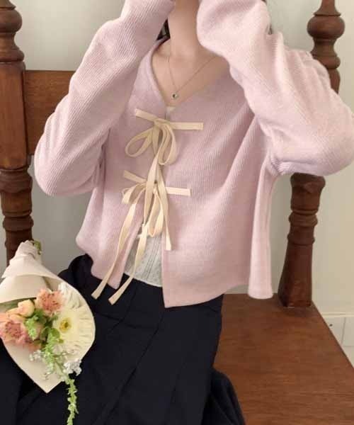NANEA(ナネア)の「クロップド丈リボンカーディガン(カーディガン/ボレロ・レディース・チャコールグレー/ピンク/グリーン・フリー)」の8枚目の写真
