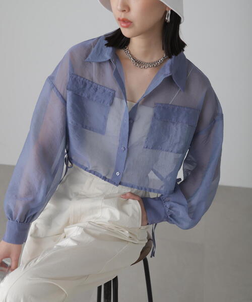 FREE'S MART(フリーズマート)の「◆裾ドロストショート丈シアーシャツ(シャツ/ブラウス・レディース・ブラック/ピンク/ホワイト/ブルー・FREE)」の16枚目の写真