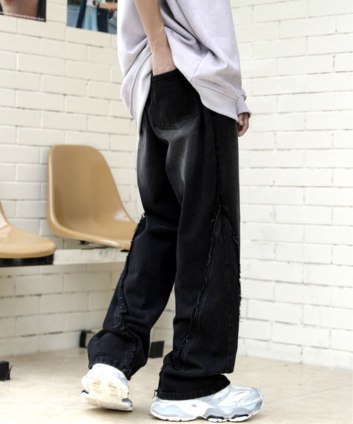 【セール】【neos】ルーズシルエット ビンテージウォッシュ サイド フリンジ 立体 ワイド バルーン デニム パンツ（デニムパンツ）｜neos（ネオス）