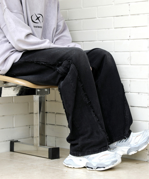 【セール】【neos】ルーズシルエット ビンテージウォッシュ サイド フリンジ 立体 ワイド バルーン デニム パンツ（デニムパンツ）｜neos（ネオス）