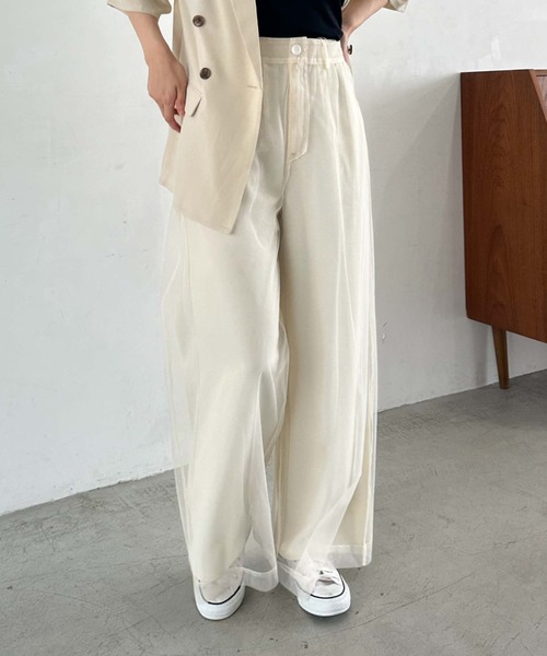 美品　アルベロベロ　パンツ　チュールパンツ セール】メタリックライン×レースベロアワイドパンツ（その他