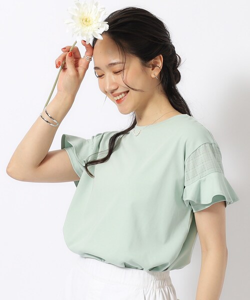 DRESKIP(ドレスキップ)の「◆ほんのり甘い シアーチェック お袖フリルトップス(Tシャツ/カットソー・レディース・グリーン系/オフホワイト/ブラック/イエロー系その他/ボルドー・02/03/04/01)」の4枚目の写真