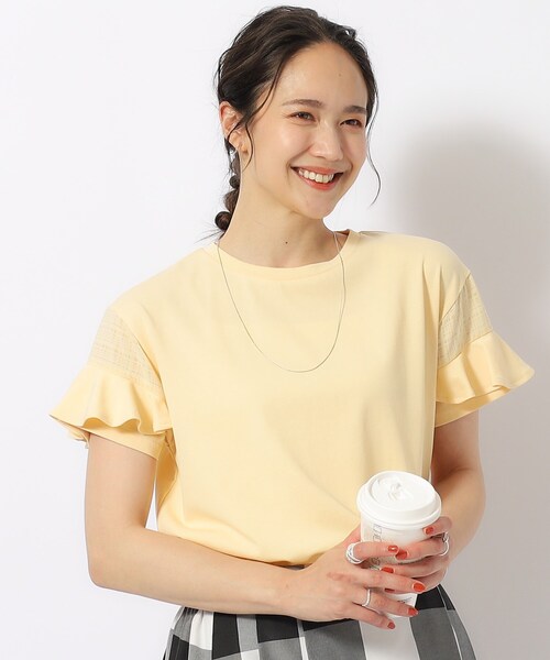 DRESKIP(ドレスキップ)の「◆ほんのり甘い シアーチェック お袖フリルトップス(Tシャツ/カットソー・レディース・グリーン系/オフホワイト/ブラック/イエロー系その他/ボルドー・02/03/04/01)」の1枚目の写真