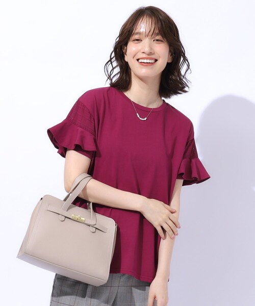 DRESKIP(ドレスキップ)の「◆ほんのり甘い シアーチェック お袖フリルトップス(Tシャツ/カットソー・レディース・グリーン系/オフホワイト/ブラック/イエロー系その他/ボルドー・02/03/04/01)」の5枚目の写真