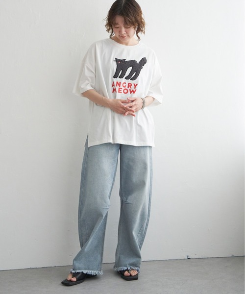 notch.（ノッチ）の「アングリーキャットサガラ刺繍Tシャツ（Tシャツ/カットソー・レディース・ライトグレー/オフホワイト・M）」の19枚目の写真