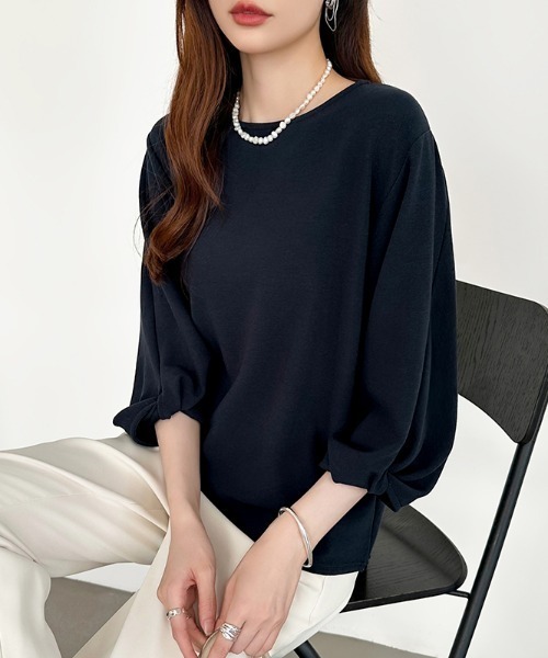 COCOMOMO(ココモモ)の「ツイストスリーブトップス 七分袖カットソー(Tシャツ/カットソー・レディース・ホワイト/ライトブルー/グレー/イエロー/ネイビー・L/M)」の11枚目の写真