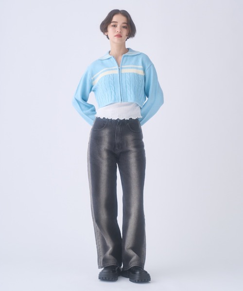 INTER FACTORY(インターファクトリー)の「おさき / ジップアップニットカーディガン made in INTER FACTORY(カーディガン/ボレロ・レディース・ブルー/オフホワイト・FREE)」の9枚目の写真