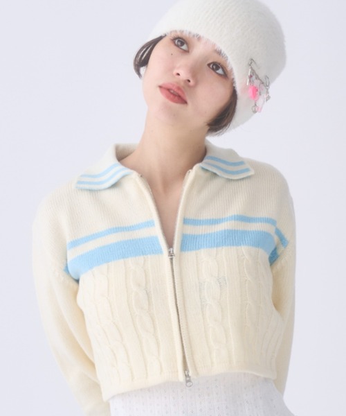 INTER FACTORY(インターファクトリー)の「おさき / ジップアップニットカーディガン made in INTER FACTORY(カーディガン/ボレロ・レディース・ブルー/オフホワイト・FREE)」の3枚目の写真