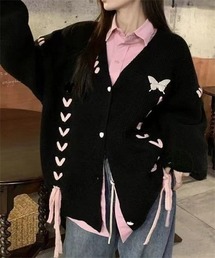 配色レースアップニットカーディガン