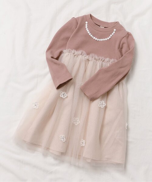 apres les cours（アプレレクール）の「フラワーモチーフチュールドッキングワンピース（ワンピース・キッズ・ミント/ピンク・100/80/140/120/110/90/130）」の2枚目の写真