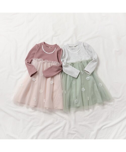apres les cours（アプレレクール）の「フラワーモチーフチュールドッキングワンピース（ワンピース・キッズ・ミント/ピンク・100/80/140/120/110/90/130）」の5枚目の写真